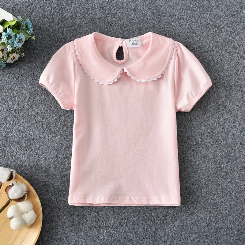 Girls T-shirts Summer Short Sleeve Cotton T shirt Peter Pan Collar Baby Toddler Girl Blouse Shirt Kids Tops Children's Clothes 4