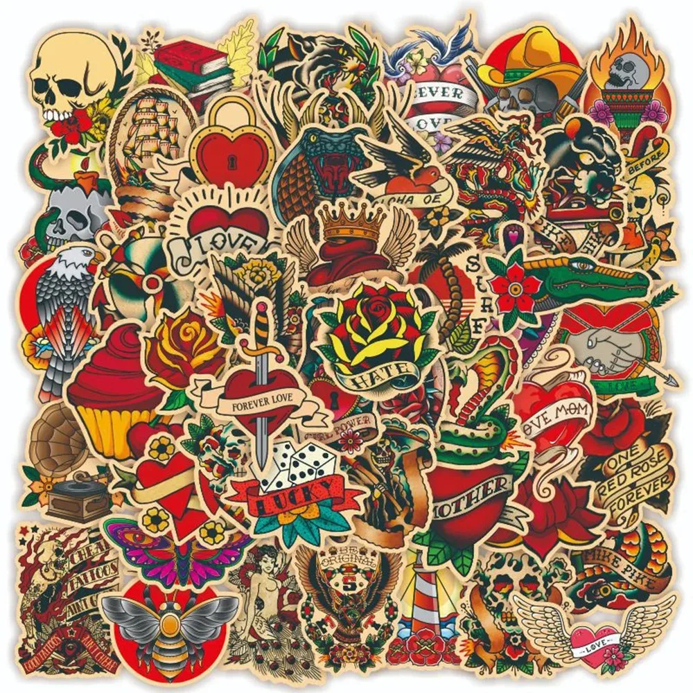 Retro tattoo graffiti stickers for laptops, water bottles, notebooks, and more – assorted edgy designs