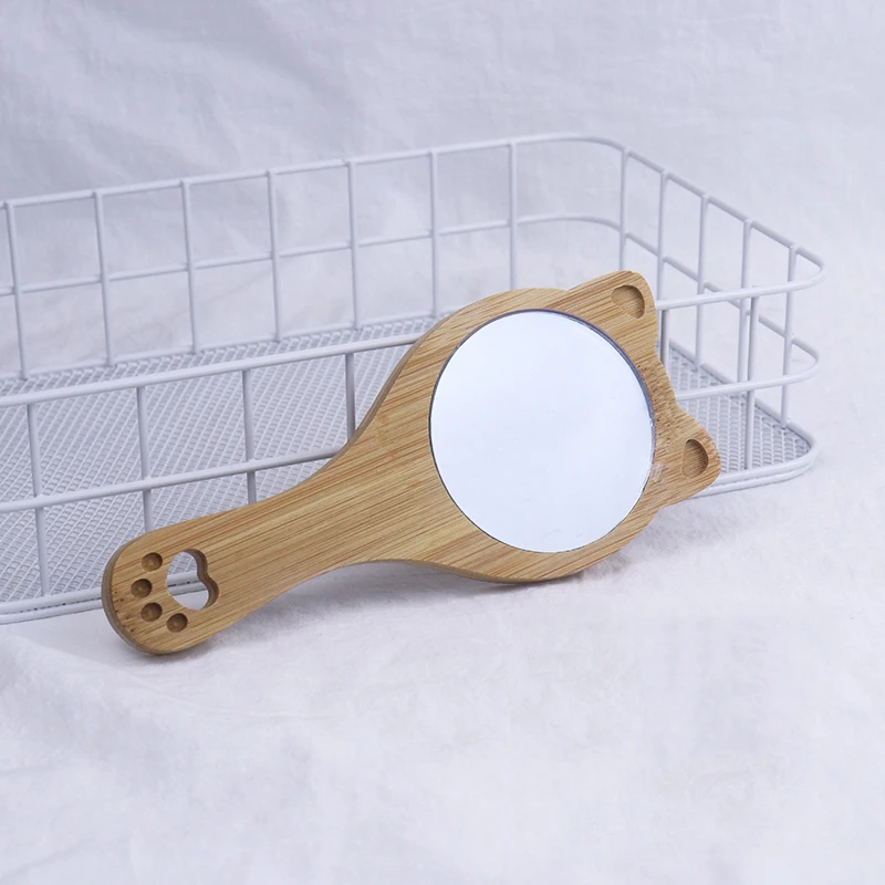 

Customized Logo Cute Cat Handheld Bamboo Wood Cosmetic Mirrors For Women Portable Pocket Makeup Vanity Mirror