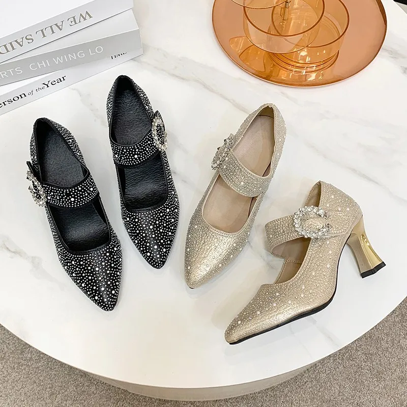 Pearl Crystal High Heel Women's Shoes 2024 New Fashion Hot Sales Buckle Dress Women Pumps Elegant Woman Heeled Mary Jane Lolita