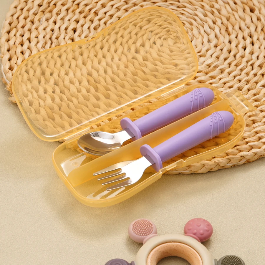 2PCS Baby Silicone Stainless Steel Spoon Fork Portable Baby Utensils Feeding Training Tableware Children's Cutlery