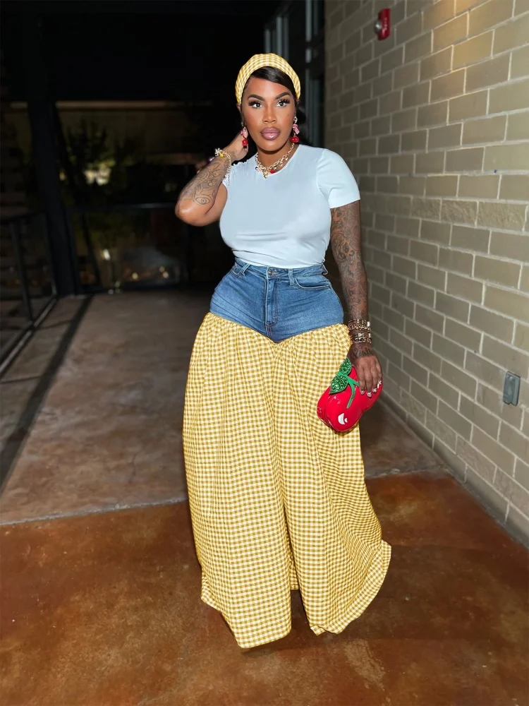 Wmstar Two Piece Set Women Wholesale Denim Patchwork Solid Wide Leg T Shirt Plaid High Waist Loose Wide Leg Pants Dropshopping