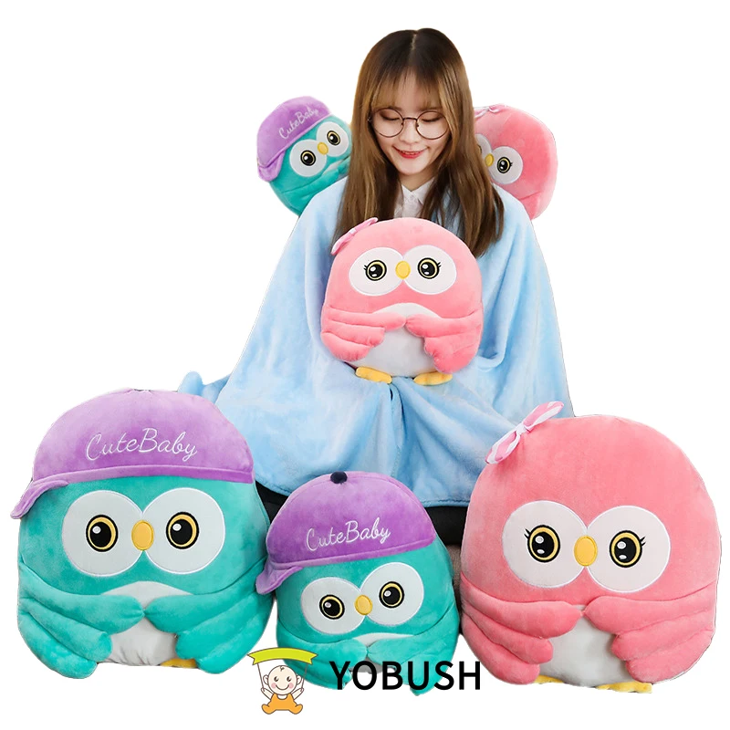 Cute Baby Owl Plush Toy Doll Hand Warmer Blanket 2 in 1 Dressed Couple