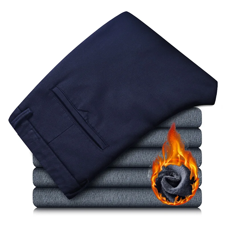 Men Winter Thermal Pants Snow Warm Plush Straight Leg Loose Dad Casual Pants Thicken Fleece Long Korean Business Blue Trousers