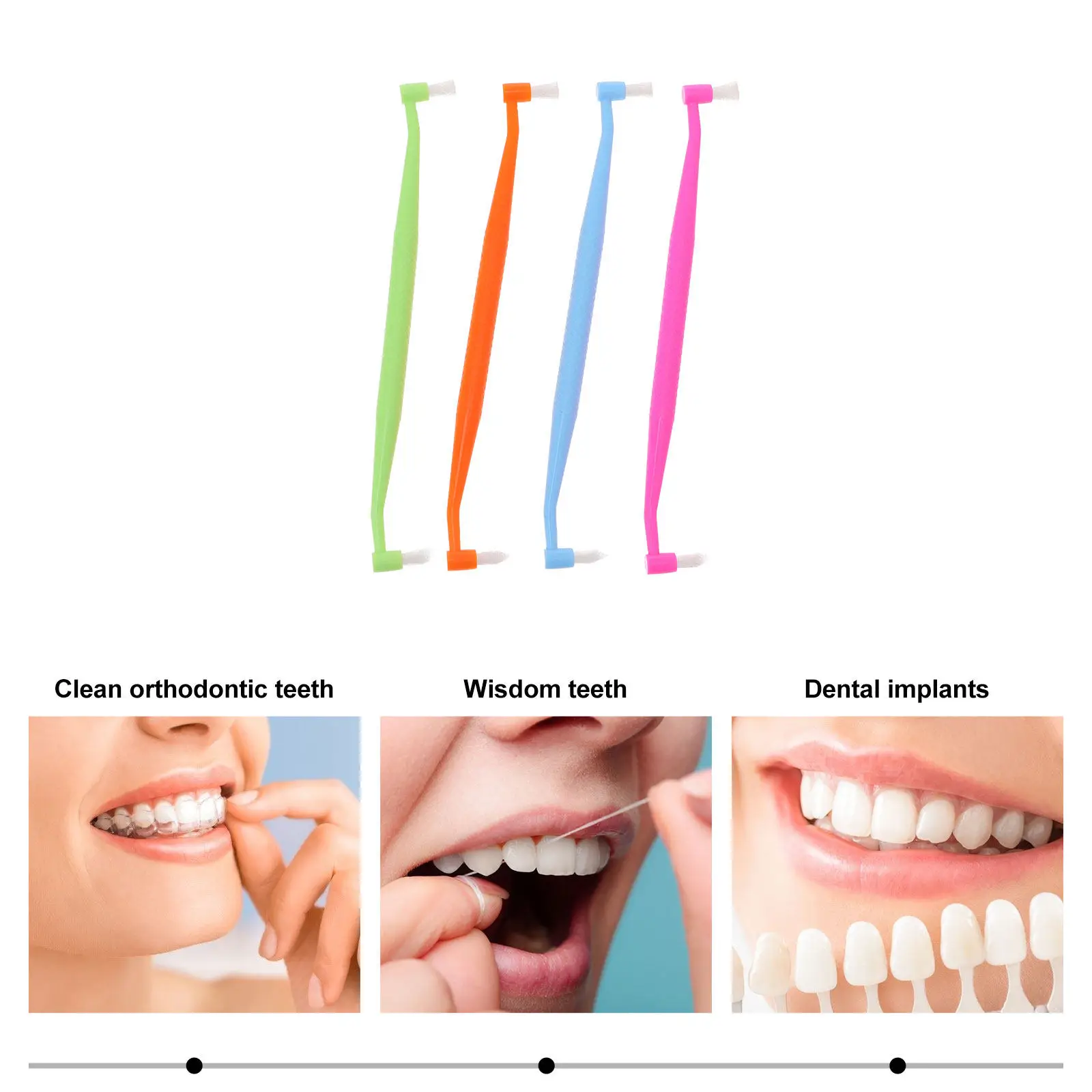 4개입 이중 헤드 칫솔, 치아 교정기용 테이퍼형 터프트 디자인, 치간 청소, 손이 닿기 힘든 구강 구석 청소