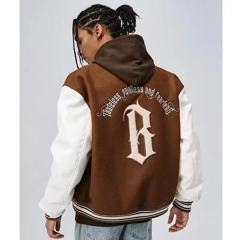 

Retro Letter and Daisy Embroidery leather sleeve Thick Woolen Jacket for Men and Women Streetwear Casual Winter baseball jacket