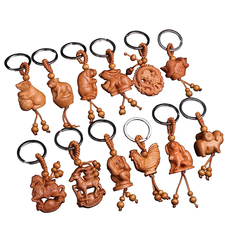 Chinese Peach Wood Zodiac Keychain Three-dimensional Carved Monkey Sheep Snake Dragon Tiger Exquisite Keyring Pendant Accessorie