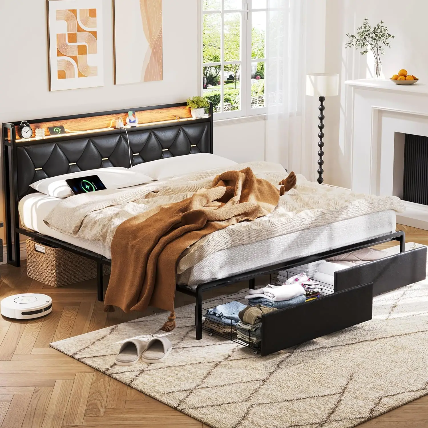 King Size Bed Frame with Headboard and Storage Drawers, Upholstered Black Platform Bed Frame with Storage Typ-C Charging Port 4