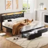 King Size Bed Frame with Headboard and Storage Drawers, Upholstered Black Platform Bed Frame with Storage Typ-C Charging Port 4
