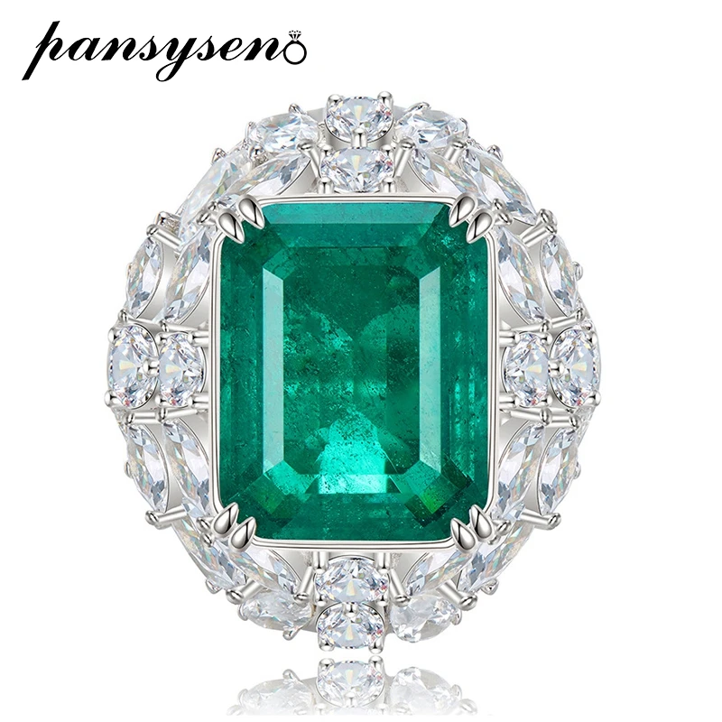 

PANSYSEN New Vintage 925 Sterling Silver 12X15MM Created Emerald Diamond Gemstone Rings for Women Anniversary Party Fine Jewelry