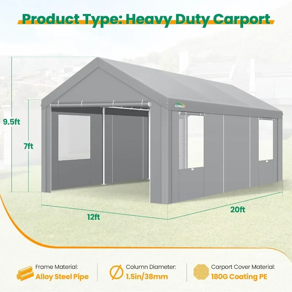NEW-Carport Canopy 12x20 Heavy Duty Portable Garage with Removable Sidewalls & Doors, Galvanized Frame Car Port Canopy Tent Wate