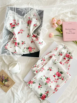 Women 2 Piece Set Elegant And Romantic Printed V Neck Lace Top And Pants Comfortable And Breathable Women's Clothing 1