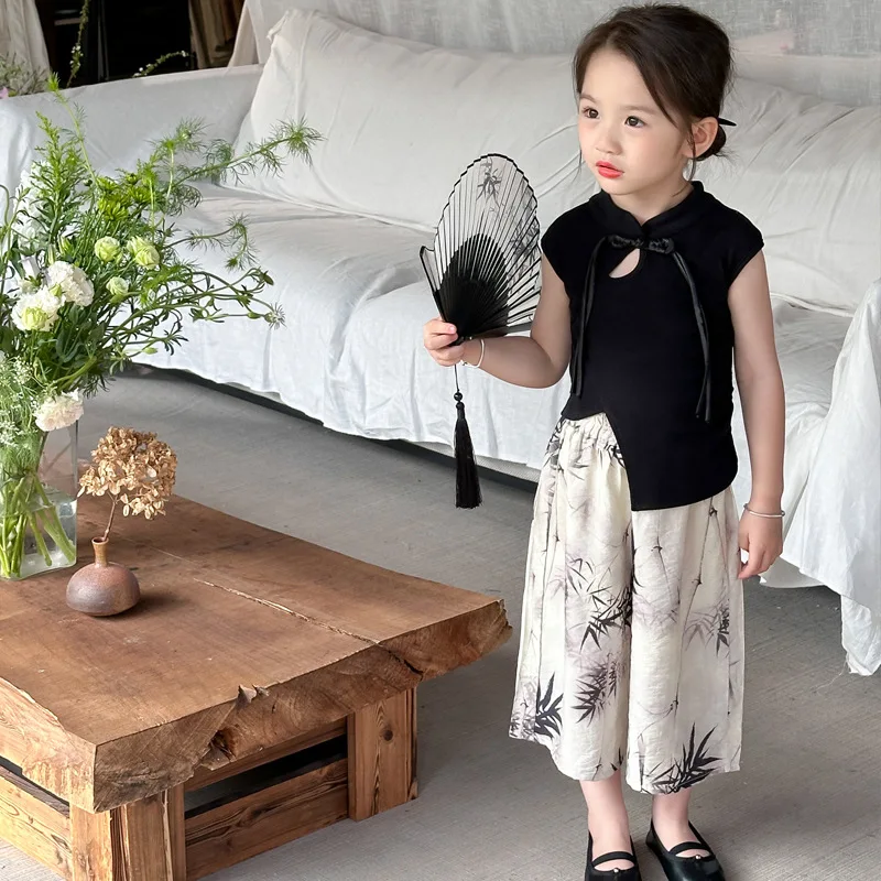 

Summer Children Girl 2PCS Clothes Set Cotton Short Sleeve Solid Tops Loose Painted Wide Leg Pant Baby Girl Outfit Kid Girl Suits