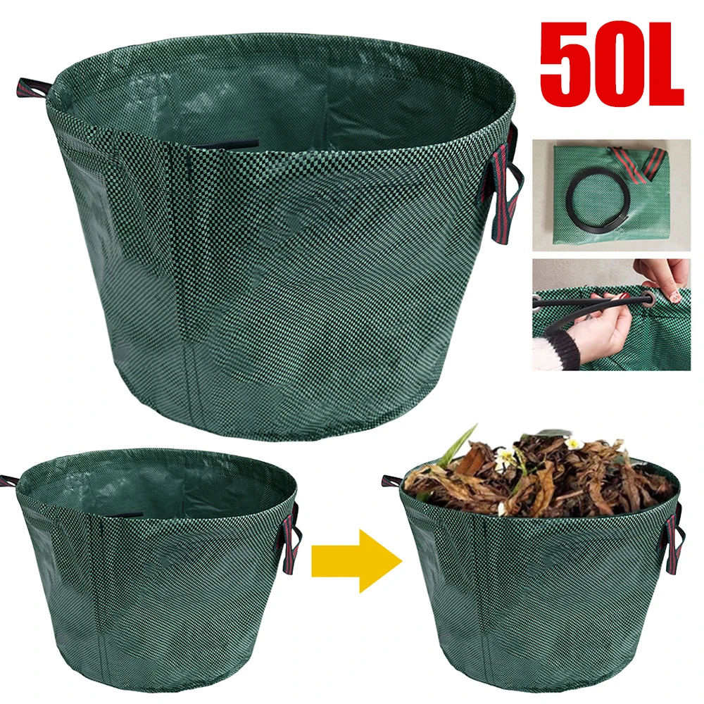 50L Garden Waste Bag Foldable Reusable Trash Storage Container with 4 Handles Large Capacity Waterproof PP Woven Bag garden waste bag