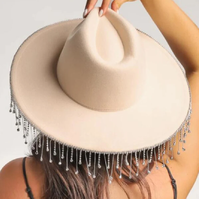 Dourbesty Rhinestone Tassel Cowboy Hat y2k Party E-girls Casual Feather Star Print Caps Vintage Royal Court Style Elegant Hats cowboy hats cowgirl hats