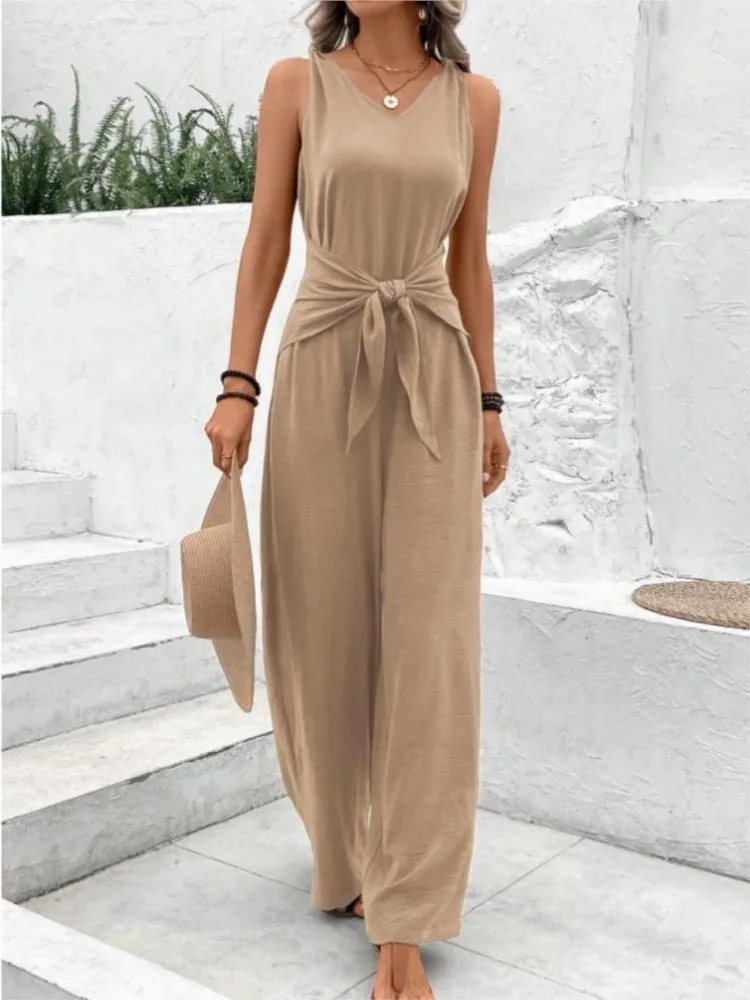 รูปสินค้า แฟชั่นJumpsuitสําหรับผู้หญิงสบายๆVคอลูกไม้ขึ้นกางเกงขากว้างJumpsuits Ladyฤดูร้อนวันหยุดเสื้อผ้าสตรี