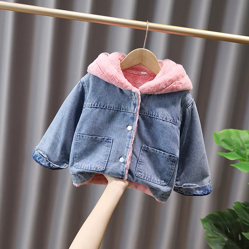 Girls Winter Cute Plush Thick Hooded Warm Denim Coat 2-10Y - Uniqwear