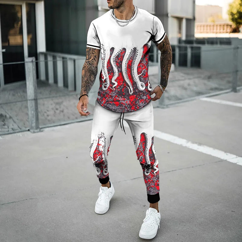 Men's 2023 Activewear 2pcs Summer Oversized T-Shirt Jogging Dress Fashion Trousers HAHA 3D Printing Men's Casual Wear
