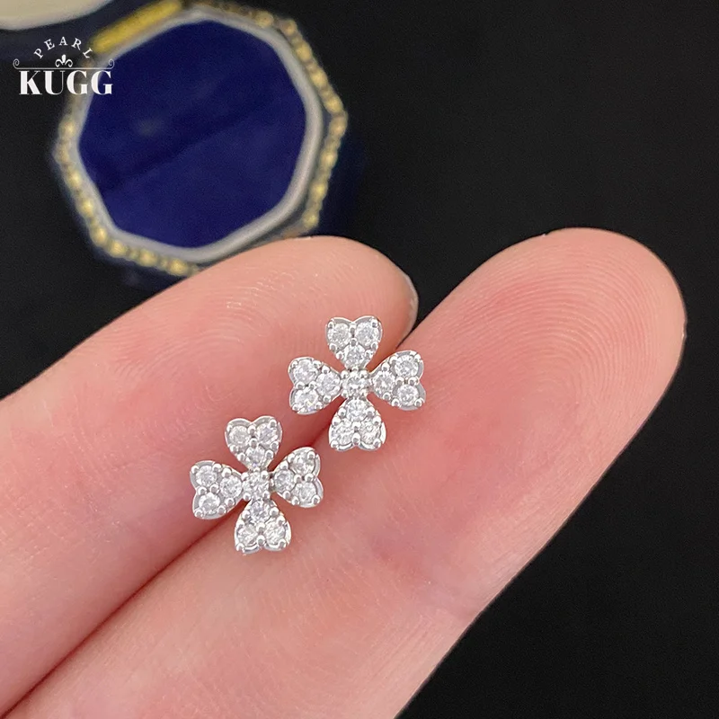 

KUGG 18K White Gold Earrings Real Natural Diamonds 0.34carat Stud Earrings Luck Heart Clover Shape Engagement Jewelry for Women