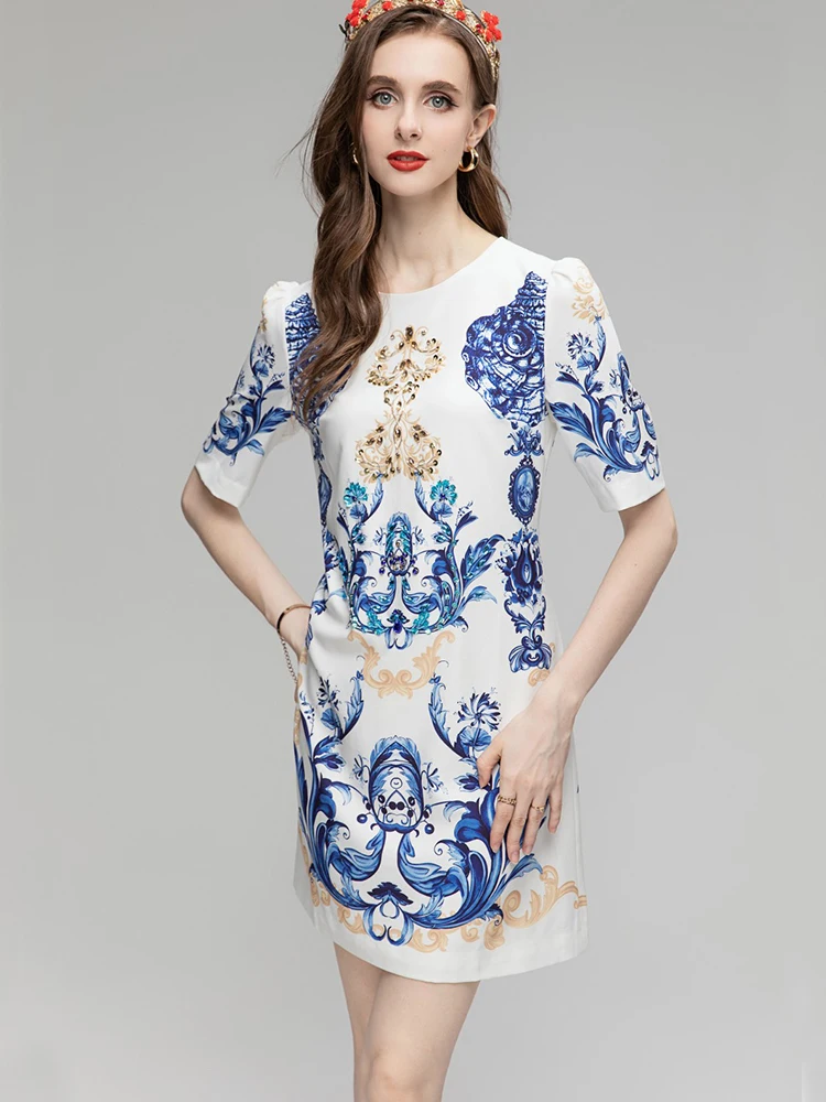 

Summer Women Fashion Printing Mini Dress Crew Neck Short Sleeve Sequins and Beading Casual Vestidos