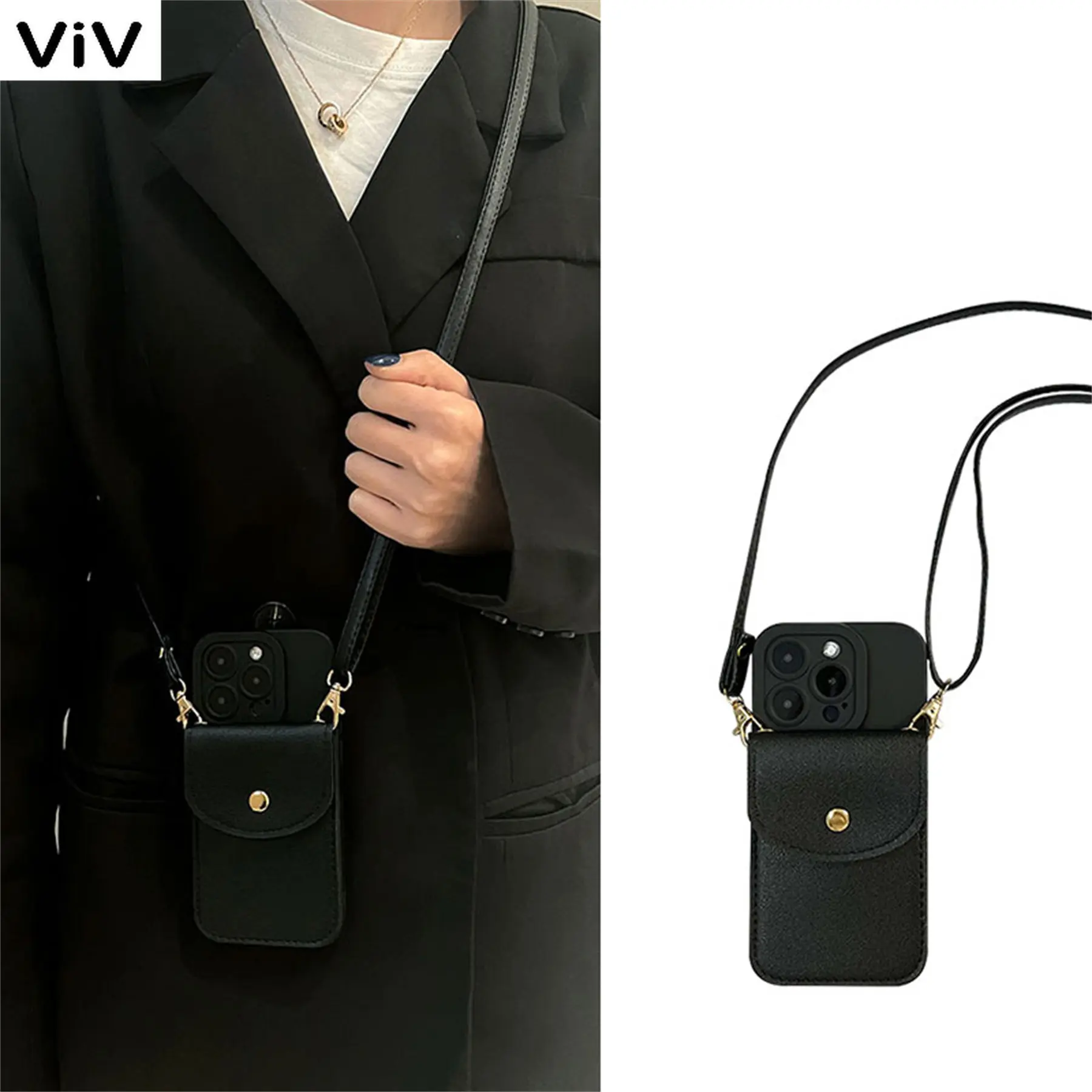

Luxury Crossbody Lanyard Necklace Leather Card Holder Coin Purs Black Case for iPhone 11 12 13 14 Pro Max X XS XR Max Cover