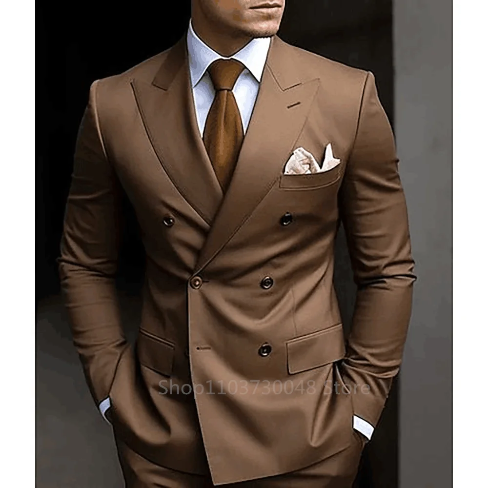 Formal Men 2 Piece Brown Wedding Suits Groom Tuxedo Slim Fit Peak Lapel Blazer Pants Business Suits Costume Homme For Party Prom 2