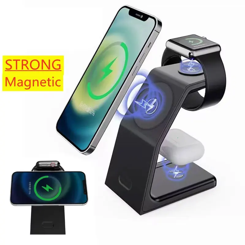 3 In 1 Magnetic Wireless Charger Stand Phone Fast Charging Station For Magsafe iPhone 17 16 15 14 13 Apple Watch AirPods Pro 4/3