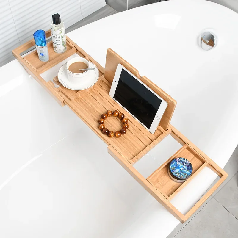 23.62''-34.25'' Soap Dish Non Slip Tablet Holder Storage Holder Expandable Luxury Wooden Bathtub Caddy Tray Bathtub Accessories wooden tray