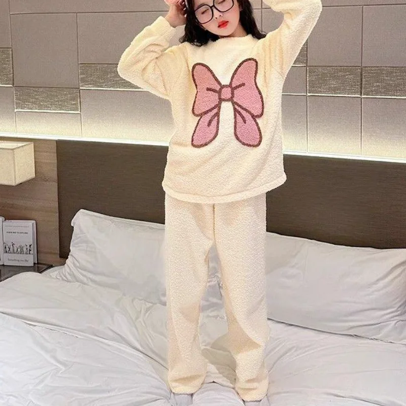 카와이 소녀 패션 잠옷 세트 학생 가을, 겨울 두꺼운 캐주얼 플란넬 탑 긴 바지 2 피스 세트 아동 의류