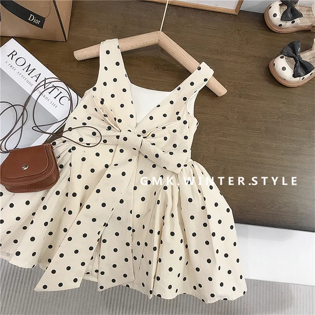Robe d'été à pois pour filles, nouvelle collection, avec nœud, sans manches, style princesse, décontractée, vêtements doux, mode enfant, Vestidos, 2-8 ans 1