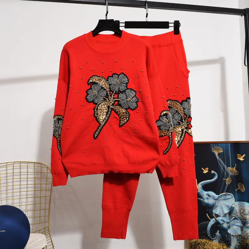 

Red Black Beading Embroidery Knitted Tracksuits Set Women Autumn Loose Casual Knit Sweater Pencil Pants Two Piece Outfits Female