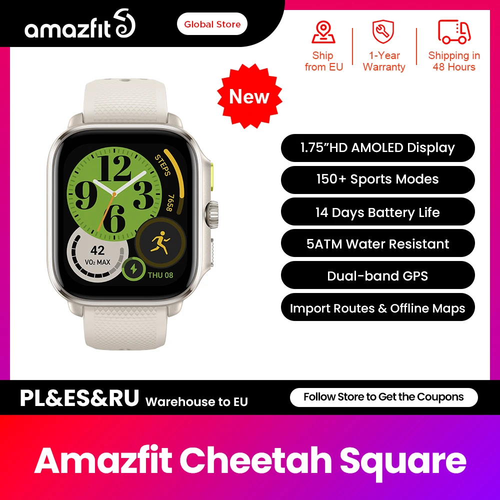 [Prima Mondiale] Cheetah Sqaure Smartwatch 1.75 ''Hd Amoled Display Max Track Dual-Band Gps 150 + Modalità Sportiva Smart Watch