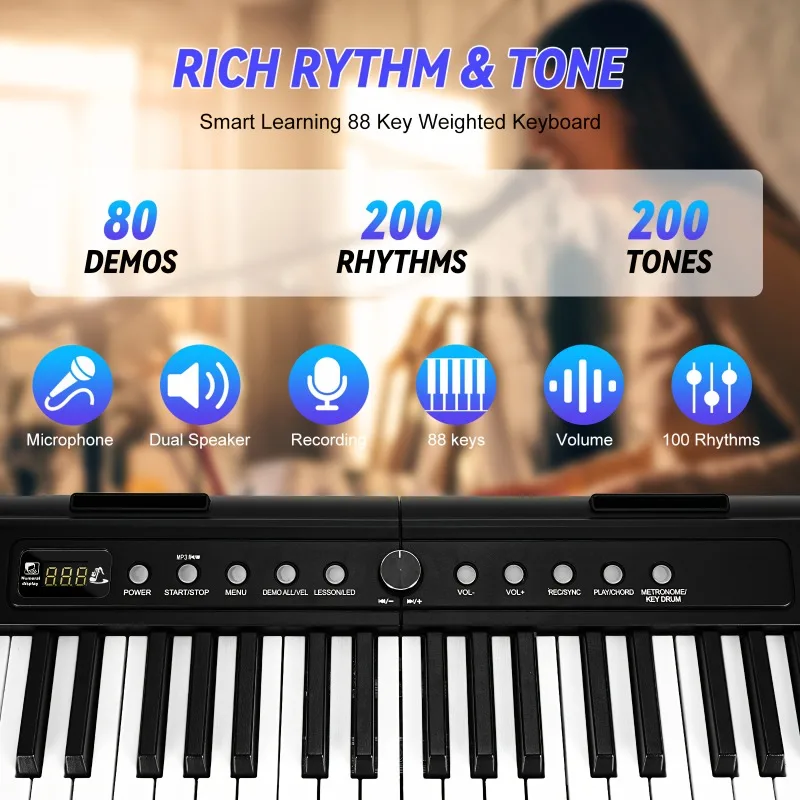 Portable Electronic Keyboard, 88 Keys with Microphone USB Rechargeable, Ideal for Beginners Music Education For Beginner Adults