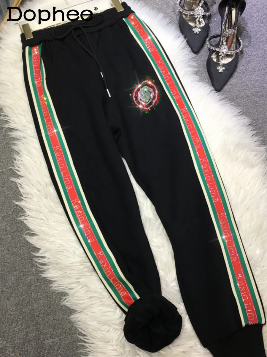 

Женские флисовые толстые спортивные штаны, повседневные спортивные штаны контрастных цветов с высокой талией и мультяшным рисунком, черные зимние брюки