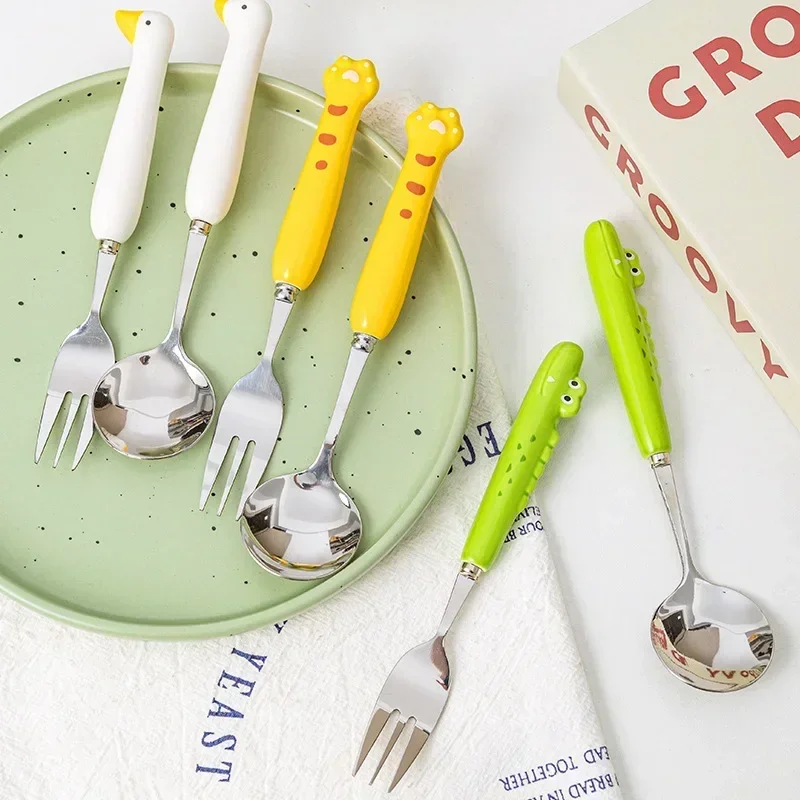 

Creative Ins Wind Ceramic Tableware Set Children's Spoon and Fork Cute Cartoon High Appearance Level Stainless Steel Tableware
