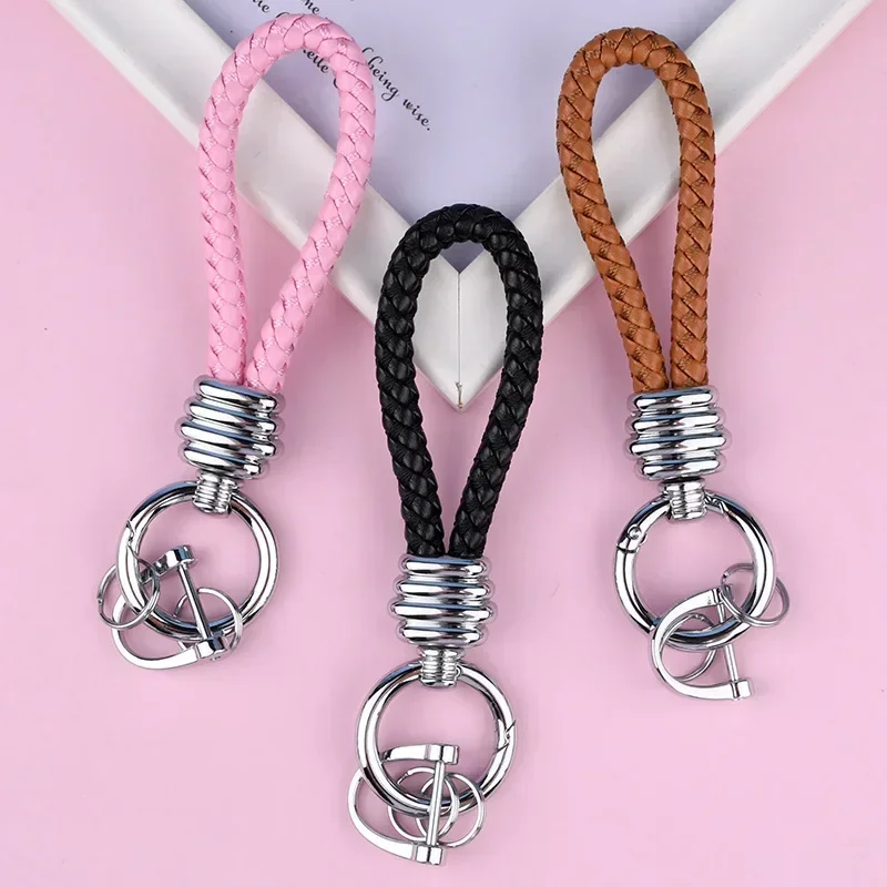 Woven Braided Rope Leather Keychain For Men Women Car Motorcycle Accessories Custom Key Chains Phone Bag Keyring Gift Bulk rope wax rope dress waistbands accessories hand woven diy women waist chain round wooden button braided belt ethnic style belts