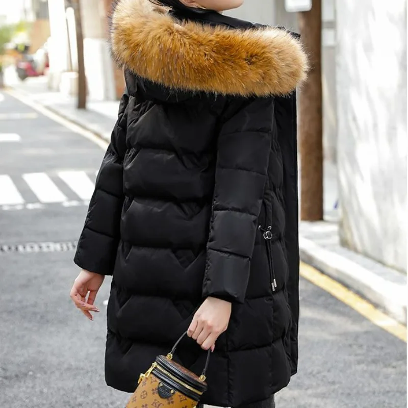 2023 New Women Down Jacket Winter Coat Female Mid Length Version Parkas Slim Fit Thick Warm Outwear Hooded Fur Collar Overcoat