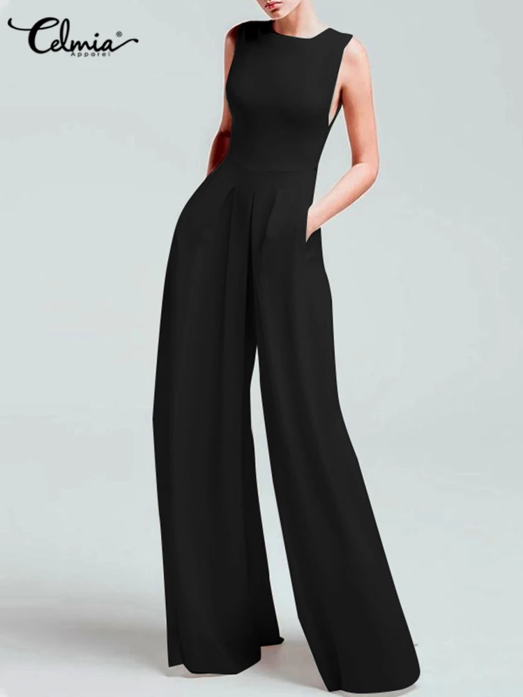 Celmia Long Jumpsuits Women Elegant Pockets Party Sleeveless Rompers 2023 Summer Fashion Casual Pleated Wide Leg Pants Overalls