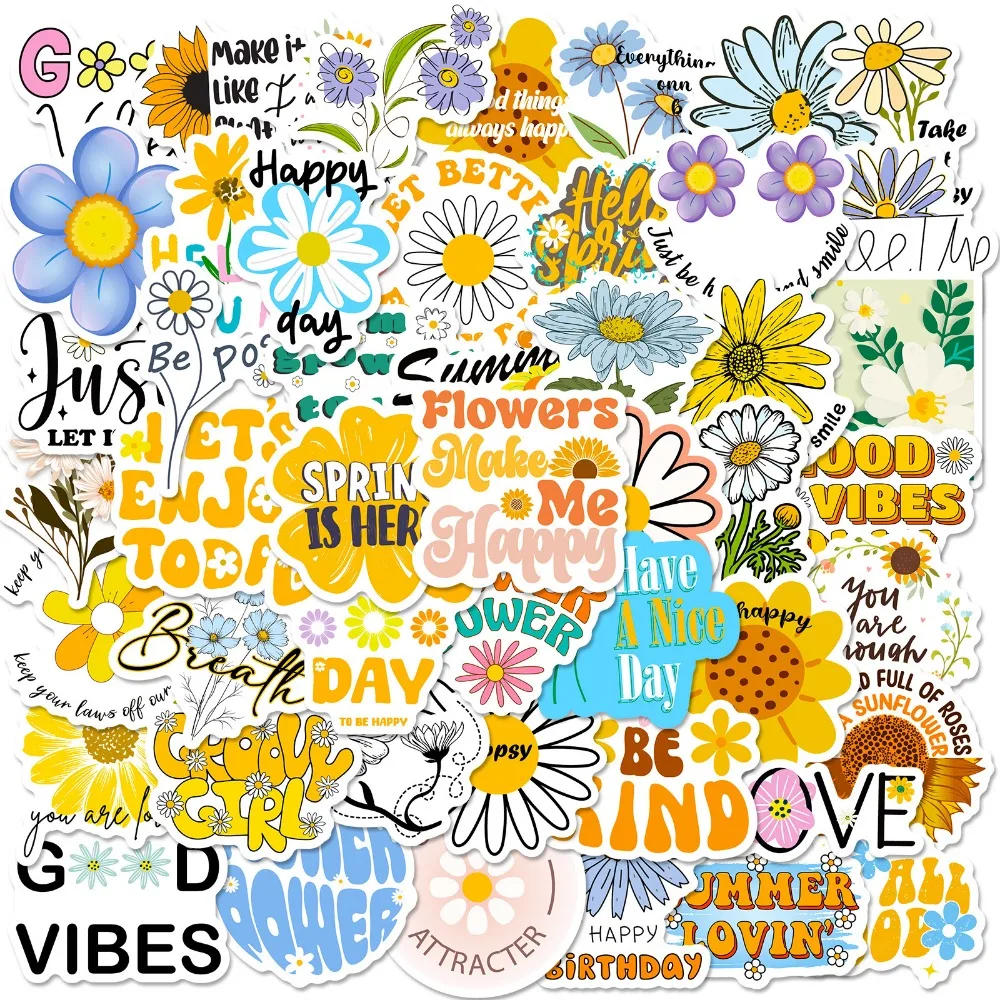 

10/50pcs Kawaii Plant Sunflower Word PVC Sticker Aesthetic Kids Decor Scrapbook Art Crafts Supplies English Phrases Toy Stickers