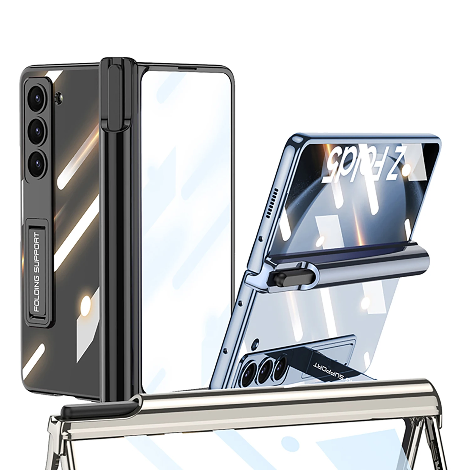 

For Samsung Galaxy Z Fold 5 Case Clear Plating Pen Holder Magnetic Hinge Shockproof Bracket Slim Hard PC Cover
