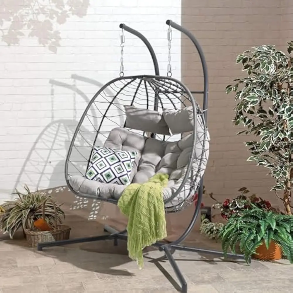Rattan swing chair Double Rattan Swing Egg Chair with Side Pockets Foldable Hanging Egg Chair with Stand Indoor and Outdoor Chairs