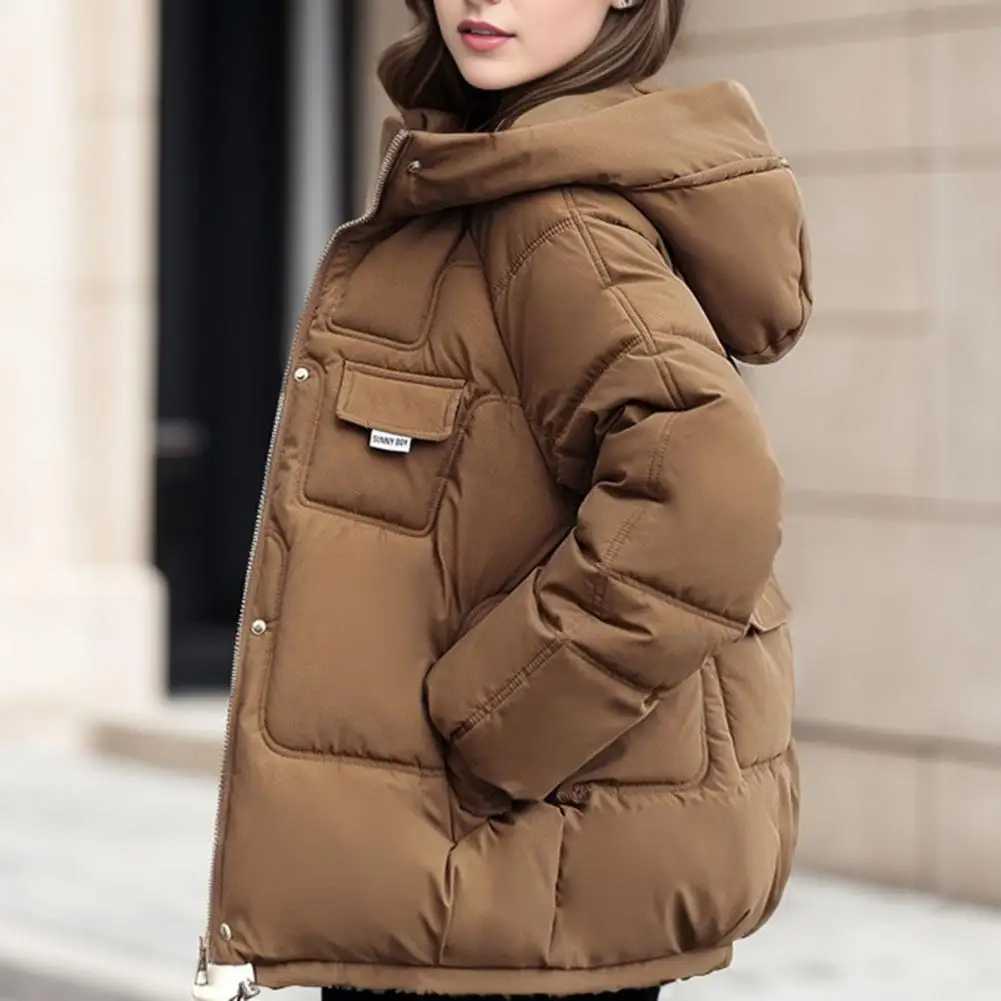 

Women Winter Cotton Coat Thickened Padded Stuffed Solid Color Warm Multi Pockets Hooded Long Sleeve Zipper Closure Windproof Hea
