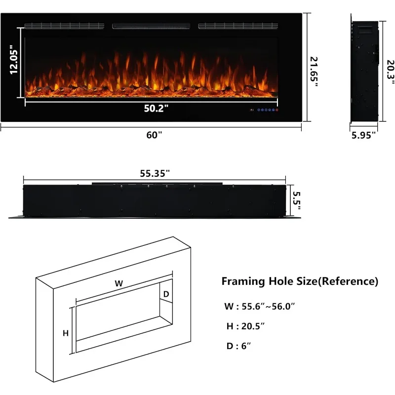Electric Fireplace 60inches,Wall-Mounted Recessed Fireplace Inserts,Multicolor Flame w/5 Dimmer,Remote Control Thermostat,Timer