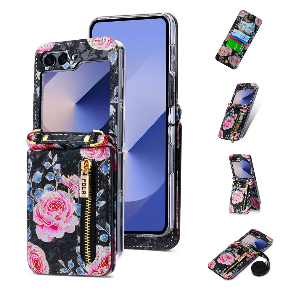 Floral Zipper Crossbody Wallet with Card Slots and Leather Lanyard Strap