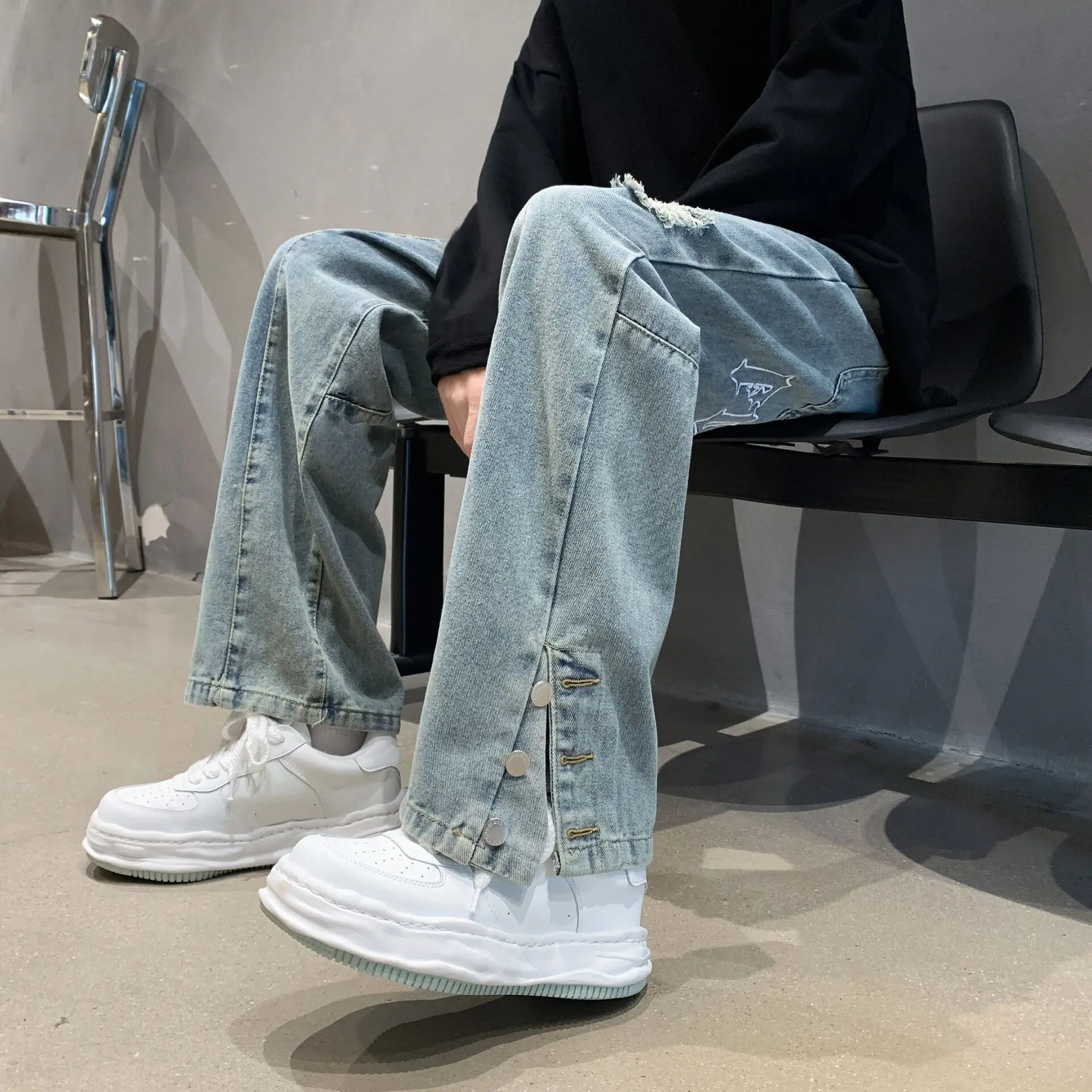 Pánské kalhoty s vyšívaným písmenem, hip hop, volné, ležérní, nové, s rozbitými otvory, streetwear, rovné džínové kalhoty, mužské kalhoty Y2K, pytlovité džíny_voghion.com