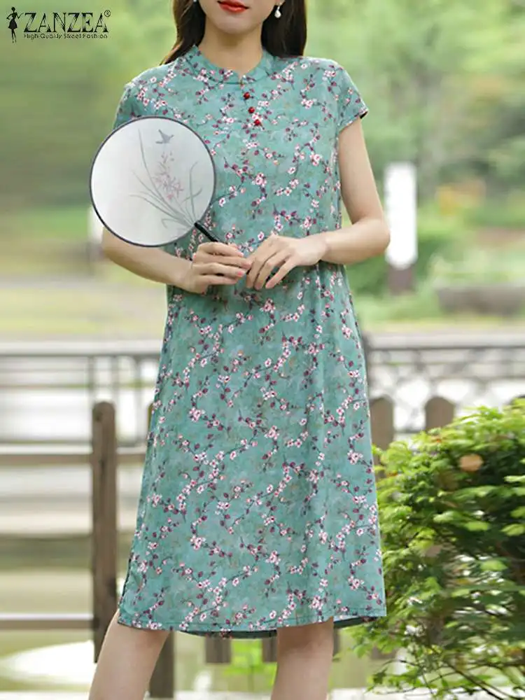 

ZANZEA Vintage Cheongsam Dress Women Chinese Style Holiday Robes Elegant Cap Sleeve Midi Dress 2023 Summer Floral Print Vestidos