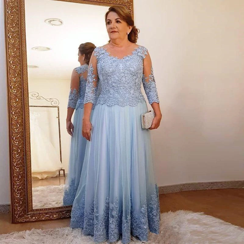 

ANGELSBRIDEP Light Blue Mother of the Bride Dress For Wedding Party Lace Long Sleeve Ladies Formal Evening Prom Gowns Plus Size