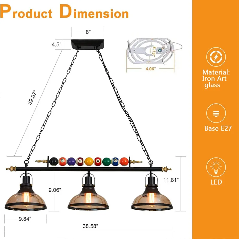 레트로 당구 펜던트 램프 LED 3개의 유리 갓 조절 가능한 샹들리에 바 실내 산업 장식 조명용 식탁