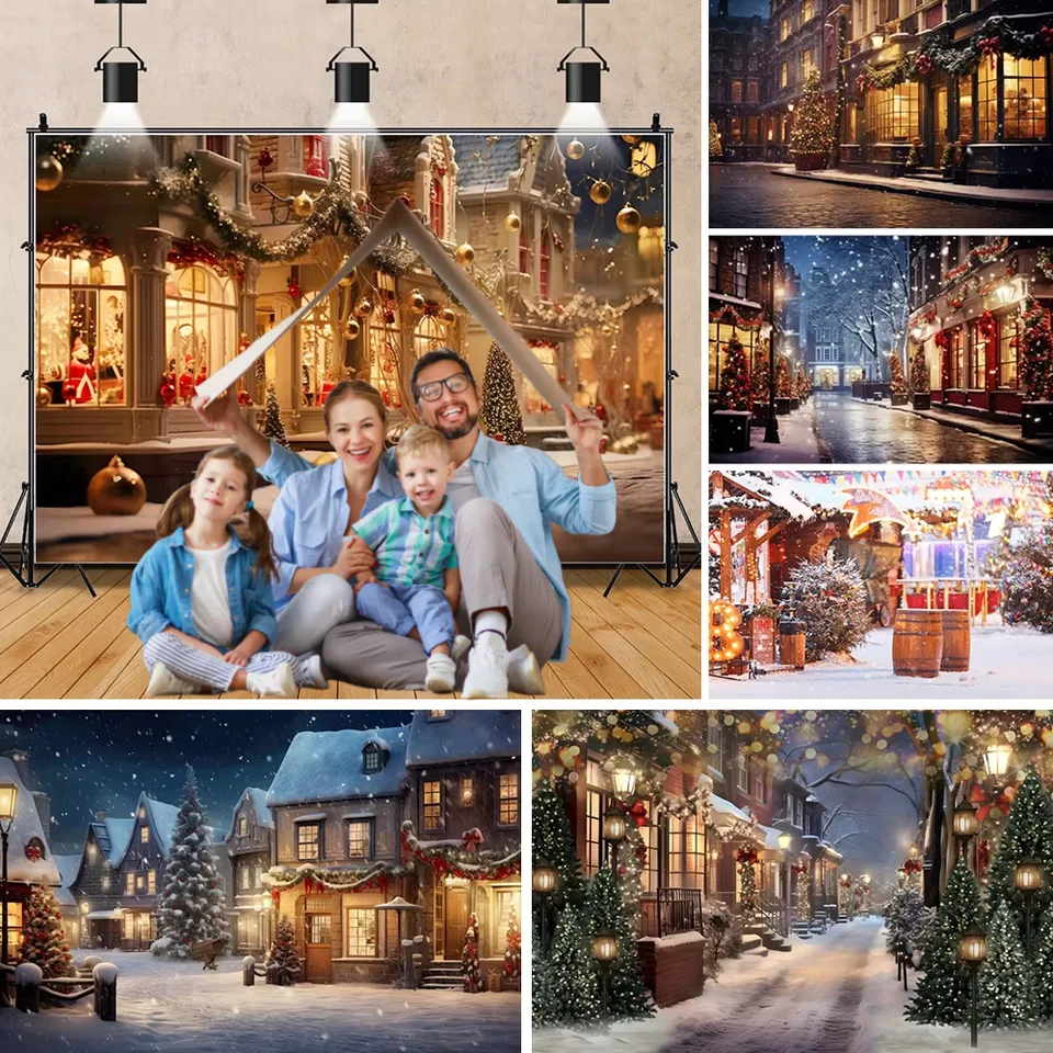 Fondo de fotografía de calle de invierno, decoración de Navidad al aire  libre, ciudad, nieve, camino, árbol, ventana, Año Nuevo, Retrato, póster  fotográfico - AliExpress, image size:960x960