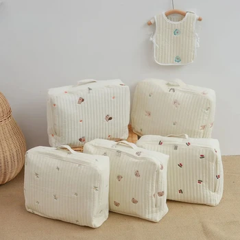 2025 Nuovo simpatico orso fiore ricamo modello bambino tessuto di cotone beige cerniera pannolino borsa per bagagli borsa per pannolini zaino Bebes Ins 1